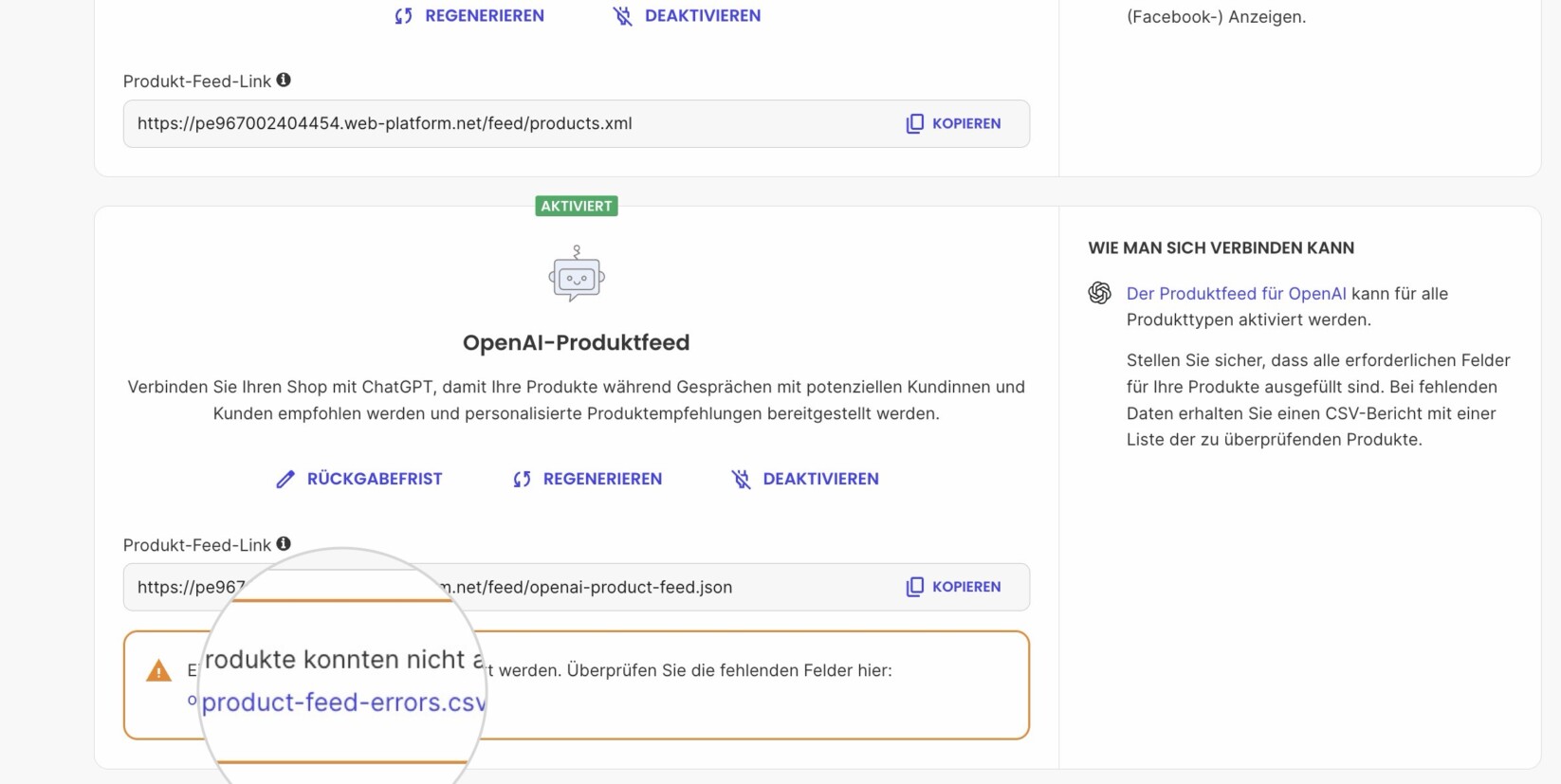 Marketing-Bereich im Site Admin einer E-Commerce-Website mit einer Warnung für den OpenAI-Produkt-Feed über Produkte mit fehlenden Daten und einem Link zu einer CSV-Datei, die die Fehler auflistet