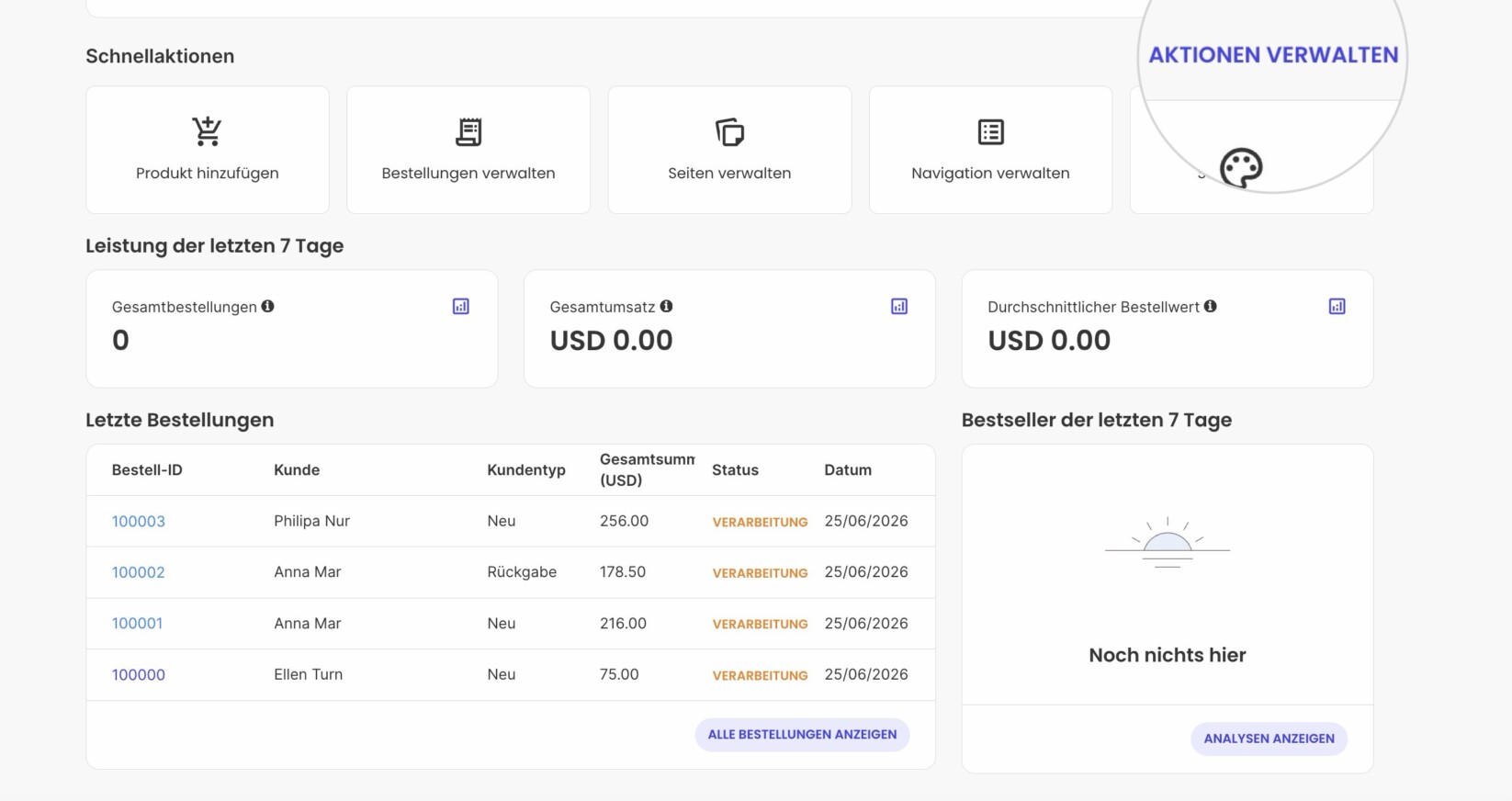 Abschnitt Schnellaktionen auf der Startseite eines Website Builder Site Admin. Die Schaltfläche Aktionen verwalten ist hervorgehoben