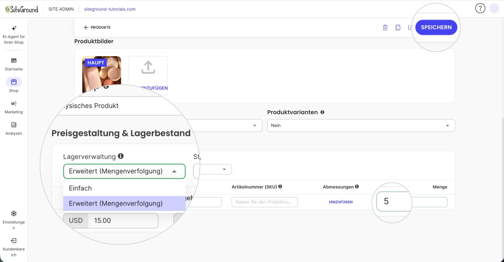 Der Editor eines einzelnen Produkts in Ecommerce, in dem die Lagerverwaltung auf Erweitert und die Menge auf 5 Einheiten eingestellt ist