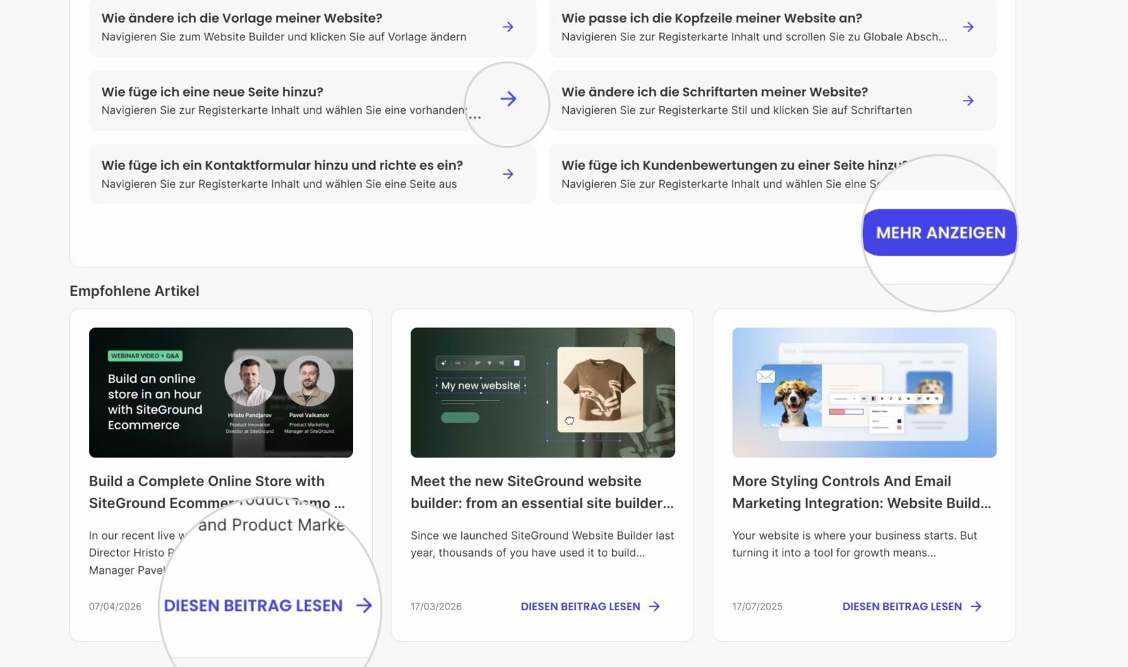 Die Abschnitte Nützliche Tipps und Leseempfehlungen auf einer Startseite innerhalb eines Website Builder Site Admin