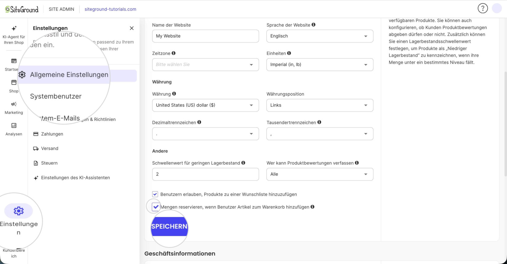 Das Site Admin-Panel einer Ecommerce-Website, das die Allgemeinen Einstellungen anzeigt, in denen die Option Mengen reservieren, wenn Benutzer Artikel in einen Warenkorb legen ausgewählt ist