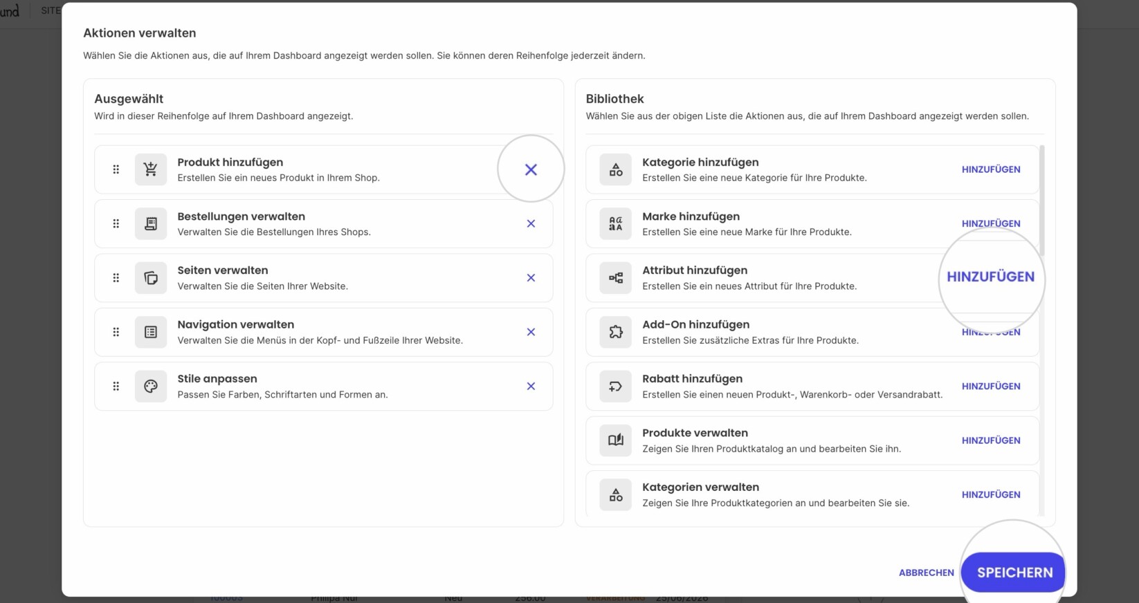 Ein Popup-Fenster zur Verwaltung von Schnellaktionen im Website Builder, in dem Sie die Reihenfolge ändern sowie Aktionen zum Menü hinzufügen oder daraus entfernen können