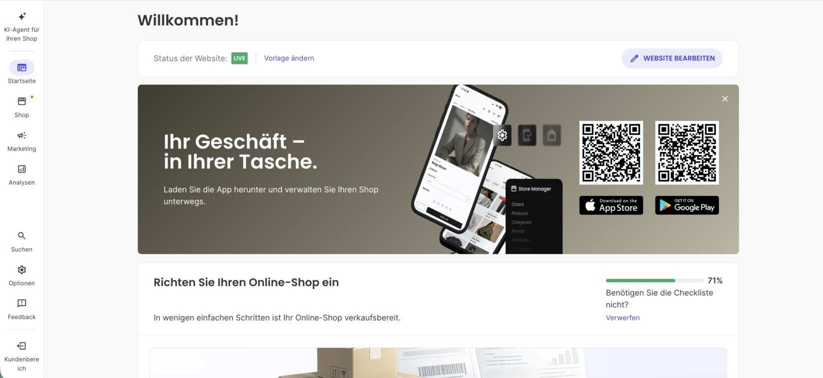 Die Startseite innerhalb eines Site Admin einer Website Builder-Website