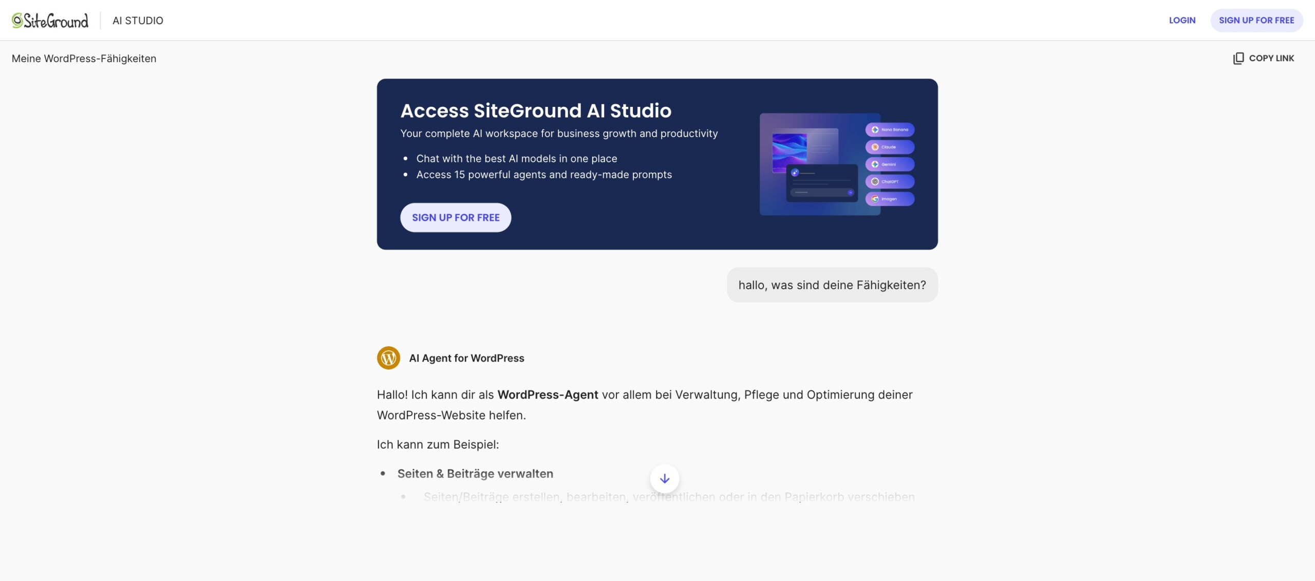 Geteilter Chat in SiteGround AI Studio ohne Anmeldung geöffnet, mit der Option zur kostenlosen Registrierung.