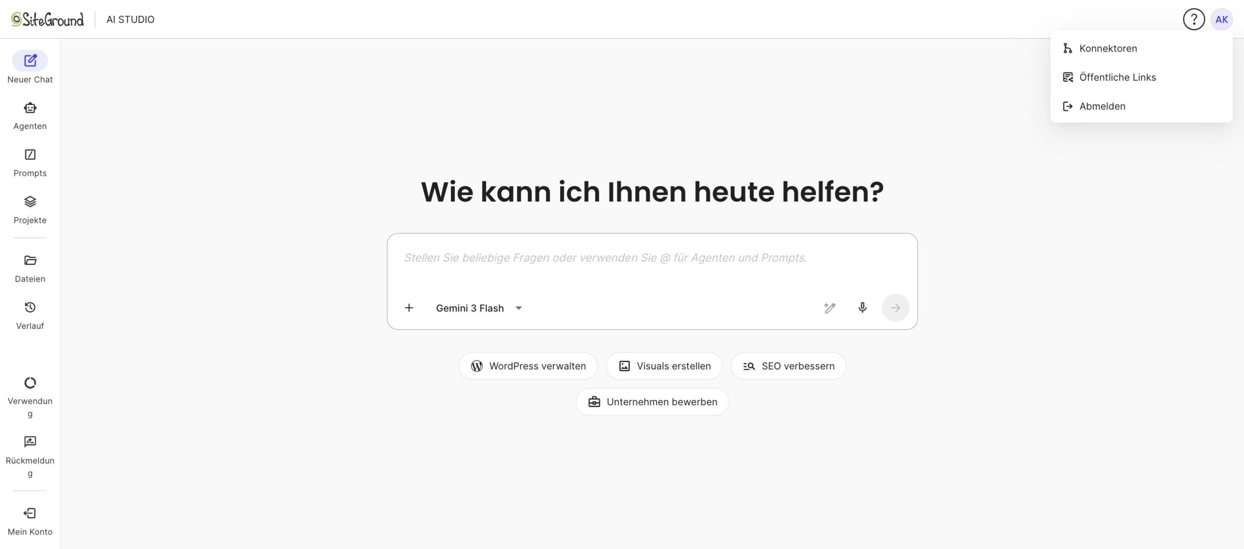 AI Studio-Profilmenü mit der Option „Öffentliche Links“