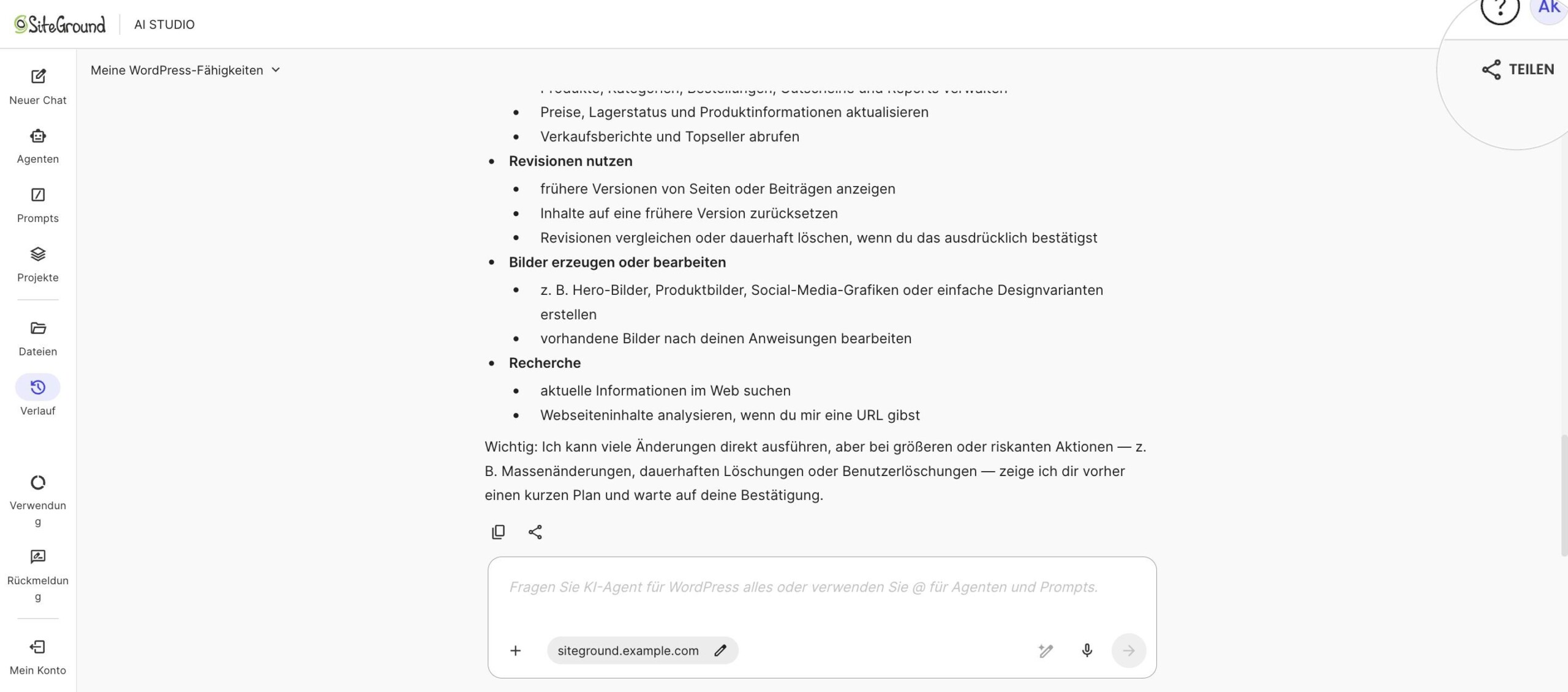 Schaltfläche Teilen oben rechts in einem AI Studio-Chat