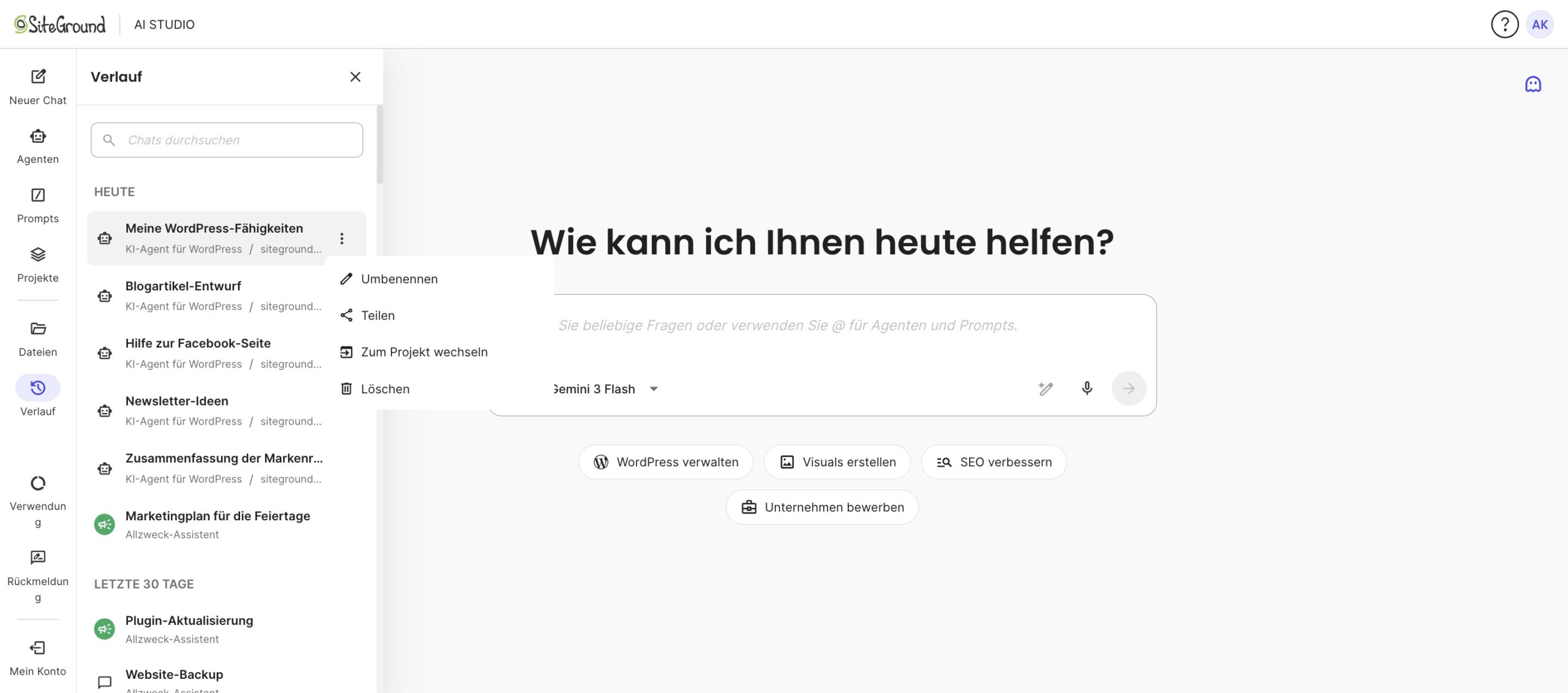 Option Teilen im Menü eines Chats im AI Studio-Verlauf