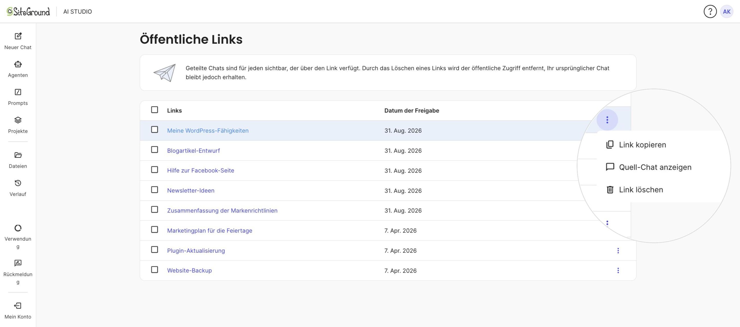Aktionsmenü eines öffentlichen Links mit den Optionen „Link kopieren“, „Original-Chat anzeigen“ und „Link löschen“