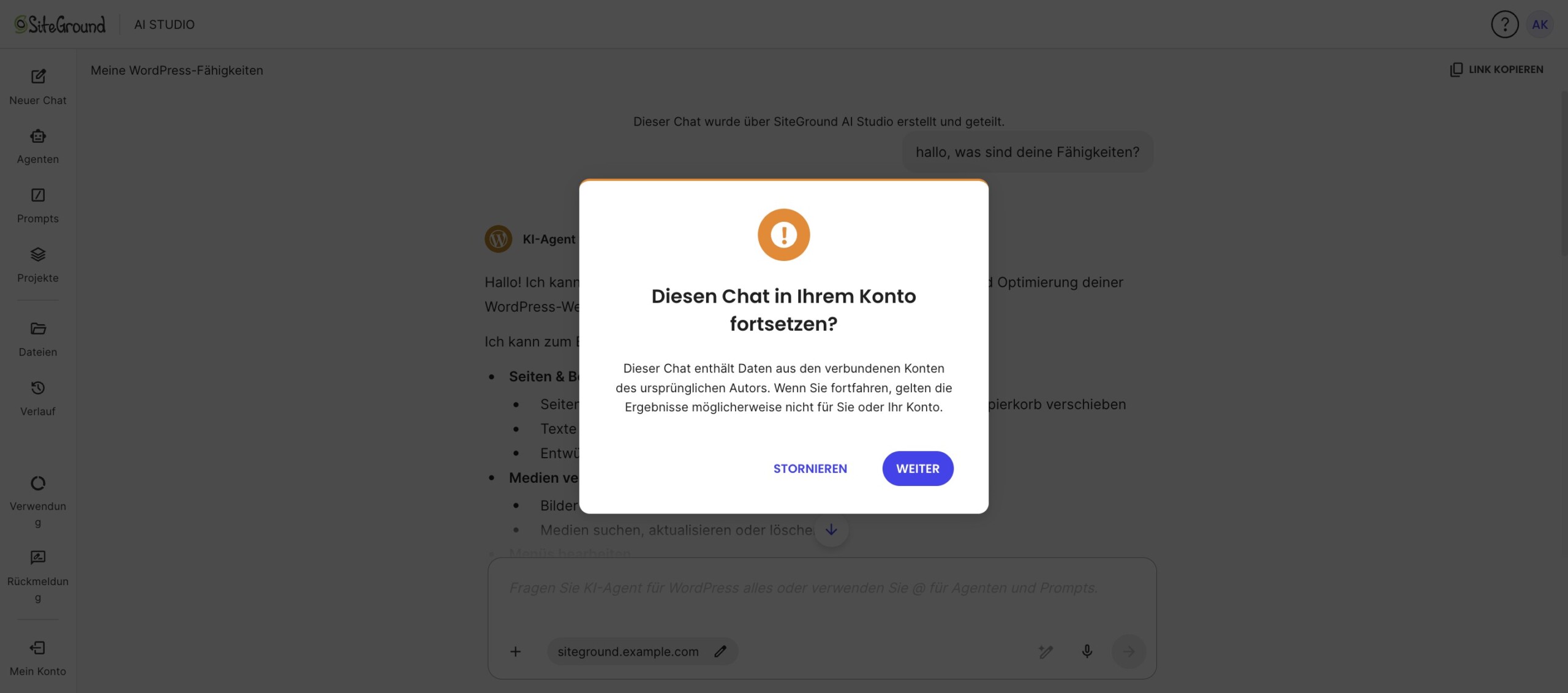 Bestätigungshinweis zum Fortsetzen eines geteilten Chats in SiteGround AI Studio.
