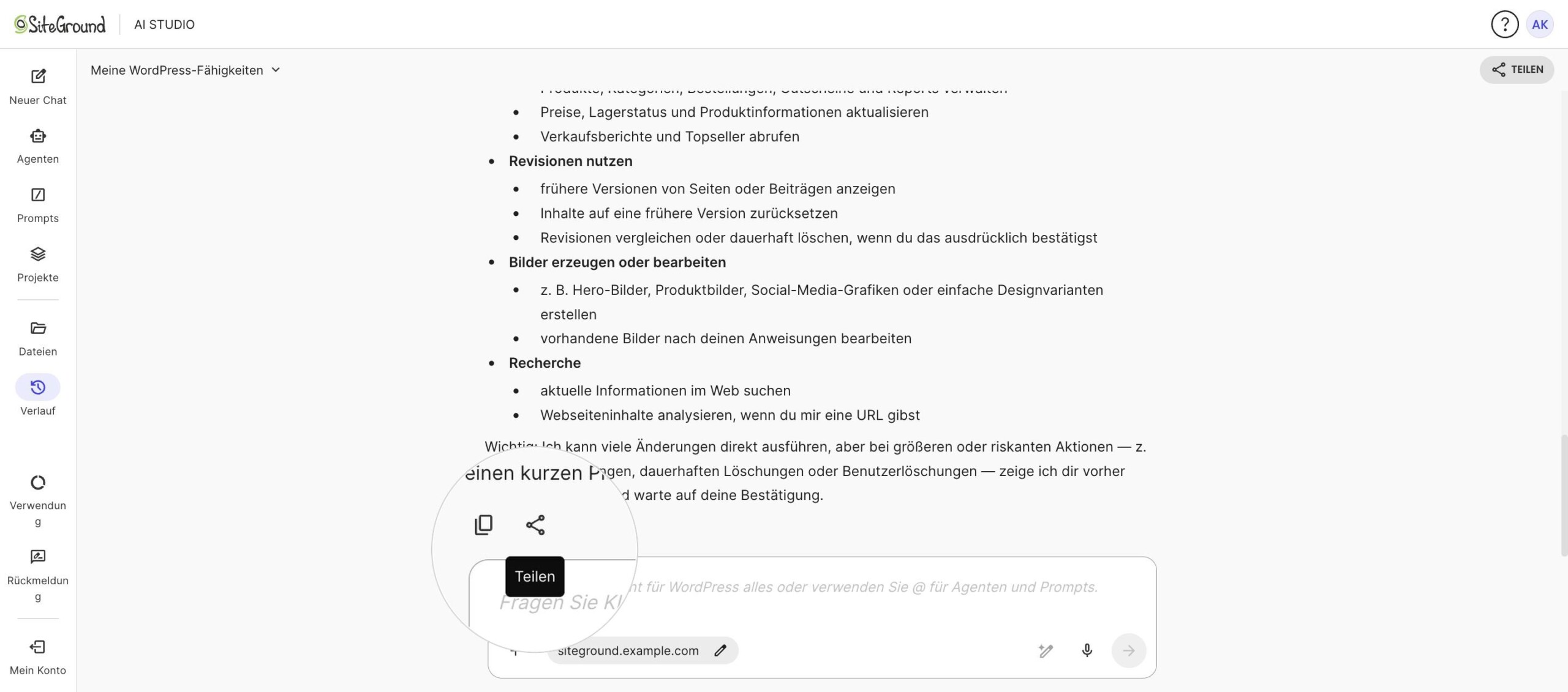 Symbol Teilen unter einer einzelnen AI Studio-Antwort