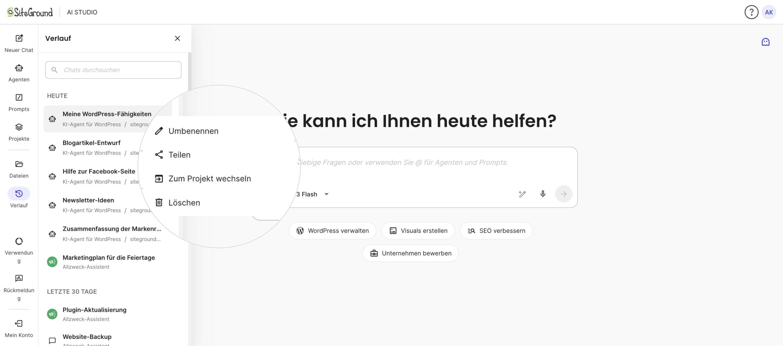 Aktionsmenü eines Chats im AI Studio-Verlauf
