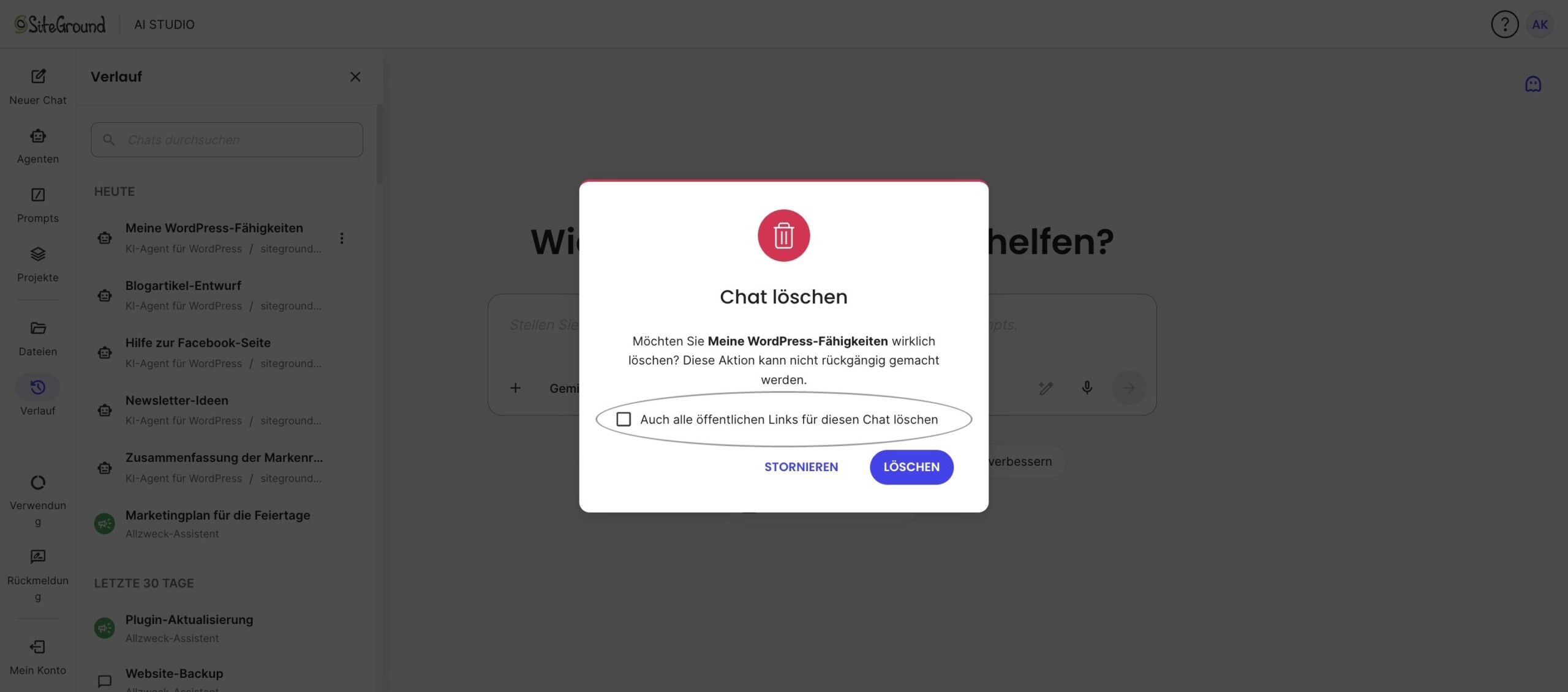Bestätigungsfenster zum Löschen eines Chats und der zugehörigen öffentlichen Links
