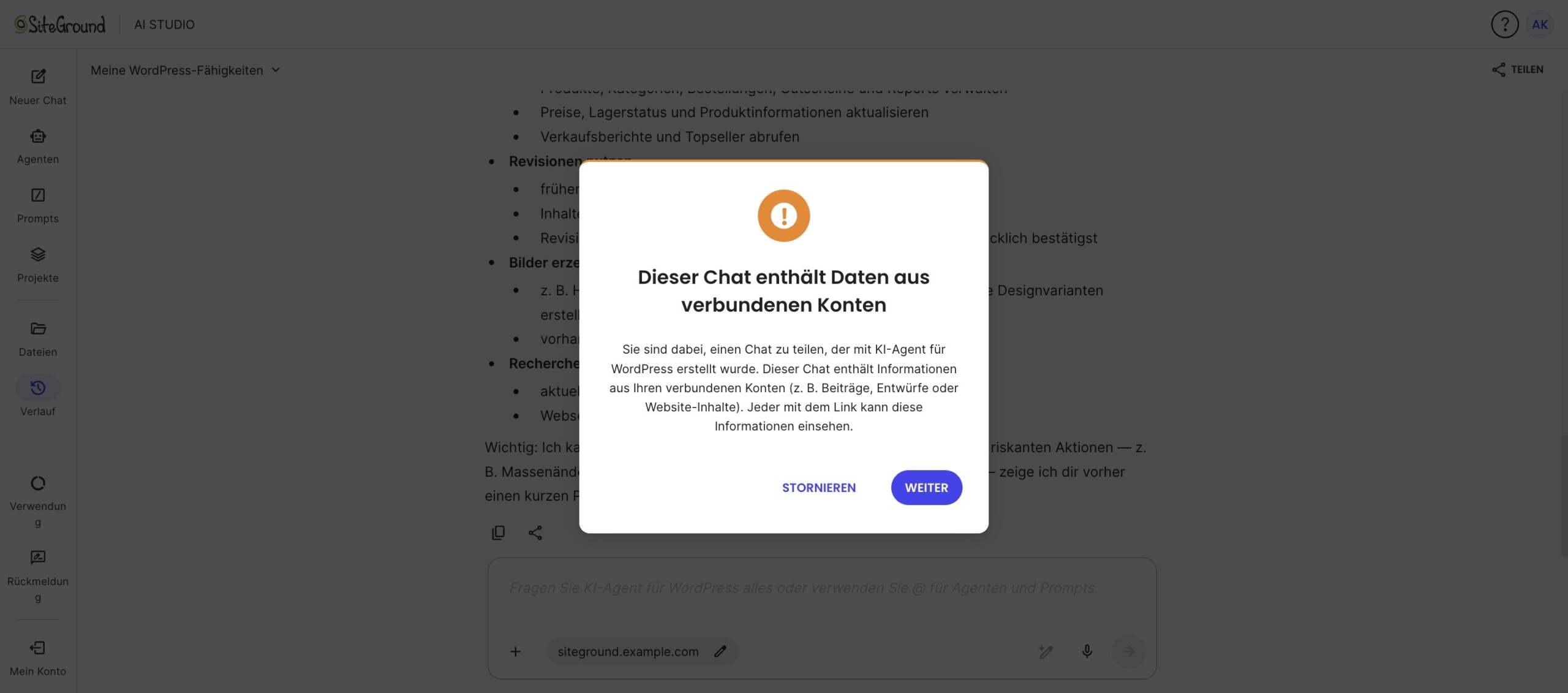 Hinweis in AI Studio zu Daten aus verbundenen Konten vor dem Teilen eines Chats