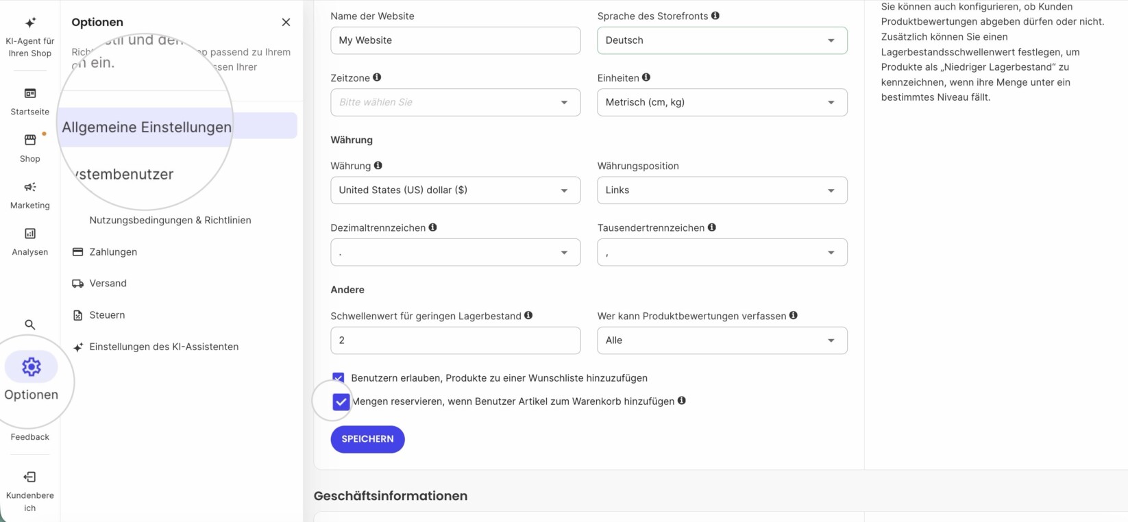 Das Site Admin-Panel einer Ecommerce-Website, das die Allgemeinen Einstellungen anzeigt, in denen die Option Mengen reservieren, wenn Benutzer Artikel in einen Warenkorb legen ausgewählt ist