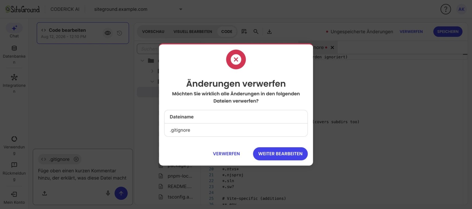 Coderick AI mit einem Bestätigungsdialog „Änderungen verwerfen", der fragt, ob alle Änderungen an der Datei .gitignore verworfen werden sollen, mit Schaltflächen Verwerfen und Weiter bearbeiten.