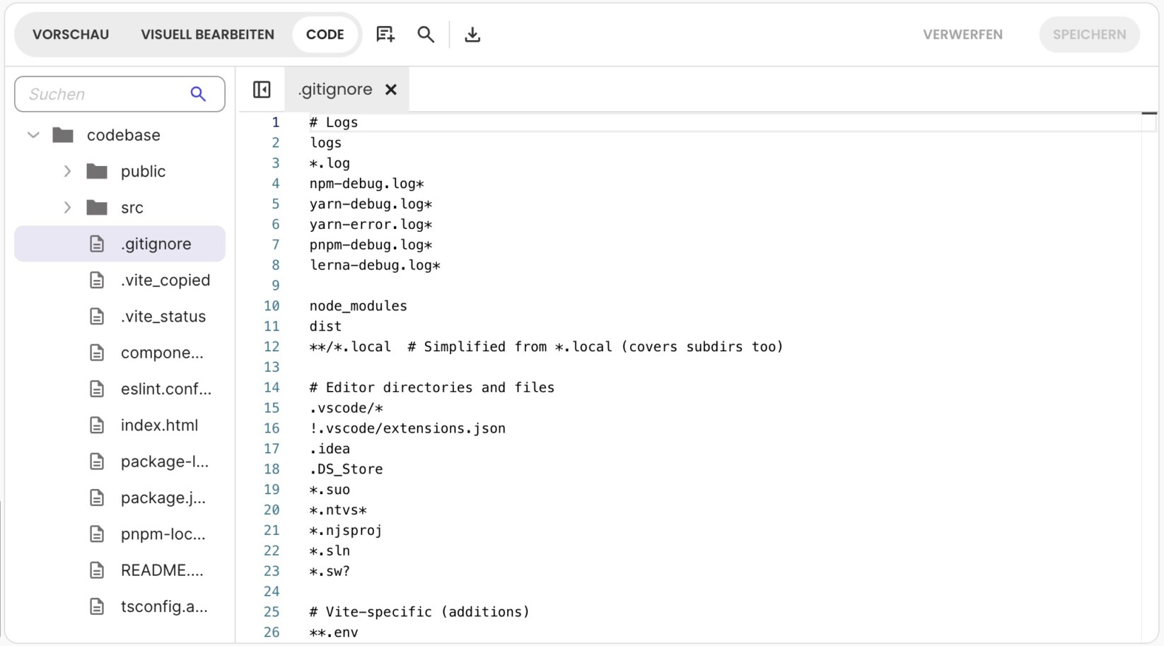 Coderick AI (KI-Website-Builder) in der Code-Ansicht, mit der oberen Leiste (Vorschau, Visuell bearbeiten, Code ausgewählt, sowie Verwerfen und Speichern), dem Dateibaum und geöffneter .gitignore im Editor.