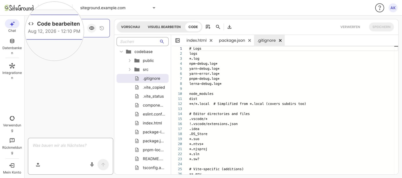 Coderick AI mit geöffneter automatisch generierter .gitignore und einem hervorgehobenen Chat-Verlaufseintrag „Code bearbeiten – Aug 12, 2026 - 12:10 PM".