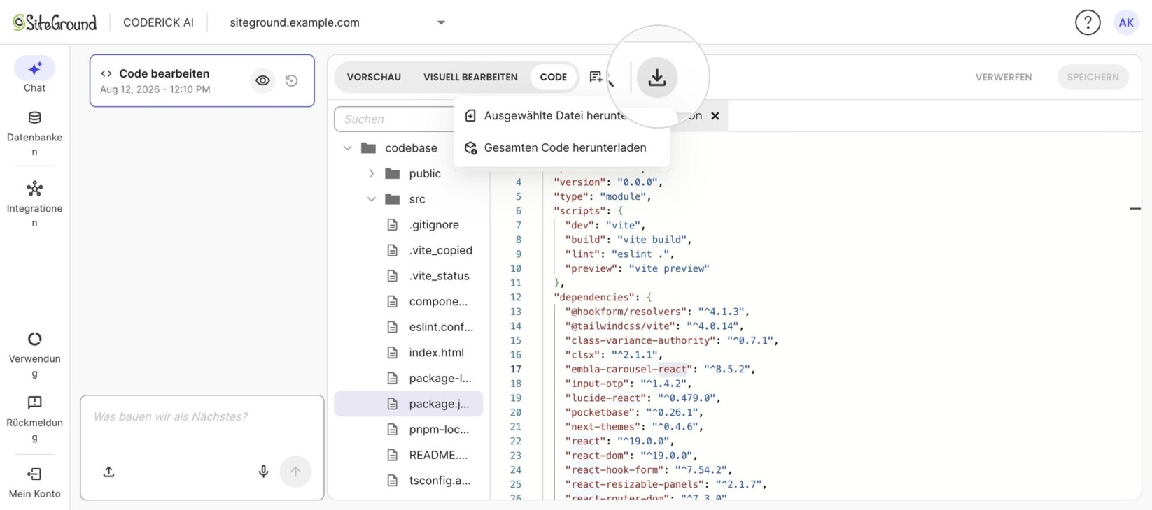 Coderick AI mit geöffnetem Download-Menü (hervorgehoben), das „Ausgewählte Datei herunterladen" und „Gesamten Code herunterladen" anbietet.