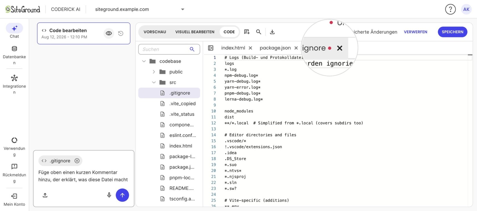 Coderick AI beim Bearbeiten von .gitignore in der Code-Ansicht, mit als geändert markiertem Tab und der Anzeige „Ungespeicherte Änderungen" samt Schaltflächen Verwerfen und Speichern (hervorgehoben).