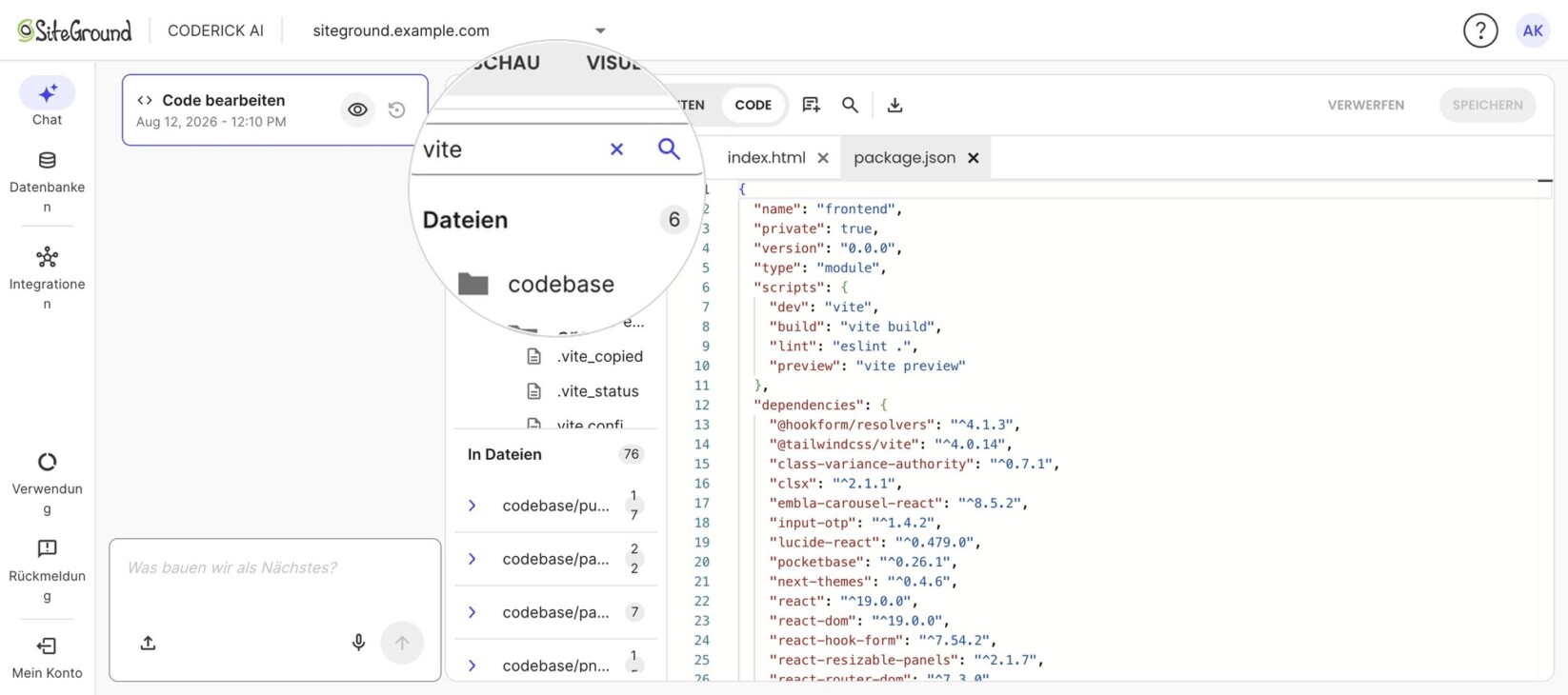 Coderick AI mit geöffnetem globalen Suchpanel (hervorgehoben) für „vite", das 6 Datei-Treffer und 76 Treffer in Dateien nach Pfad gruppiert zeigt.