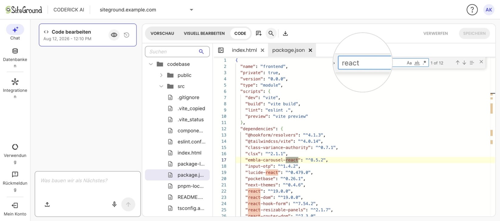 Coderick AI mit der Datei-Suchleiste (hervorgehoben), die in package.json nach „react" sucht und „1 of 12" Treffer in der Abhängigkeitsliste hervorhebt.
