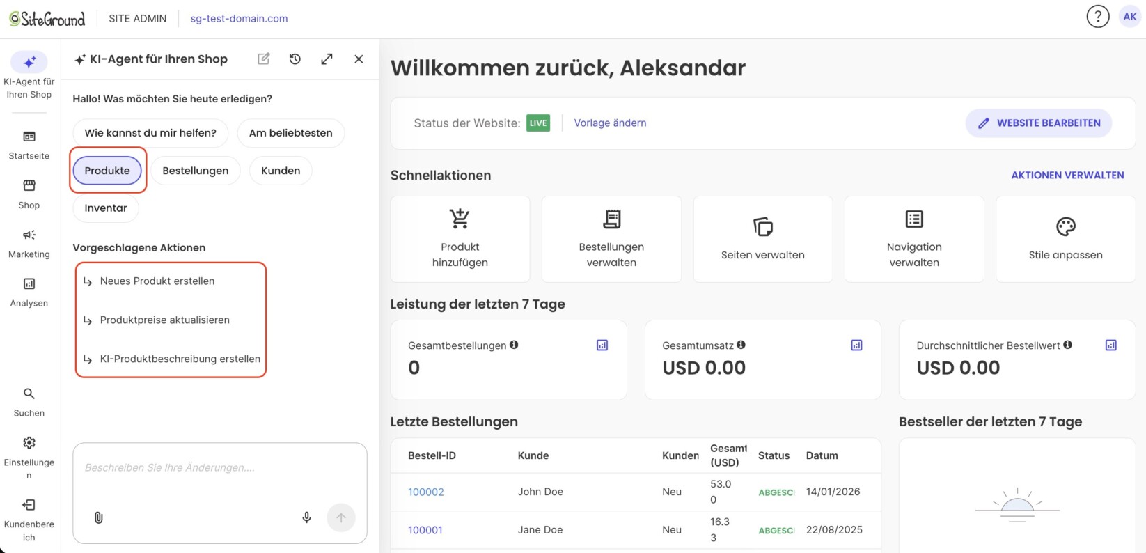 Panel „KI-Agent für Ihren Shop" von SiteGround mit ausgewähltem Chip „Produkte" (hervorgehoben), das die Vorgeschlagenen Aktionen anzeigt: Neues Produkt erstellen, Produktpreise aktualisieren und KI-Produktbeschreibung erstellen. Im Hintergrund die Startseite.