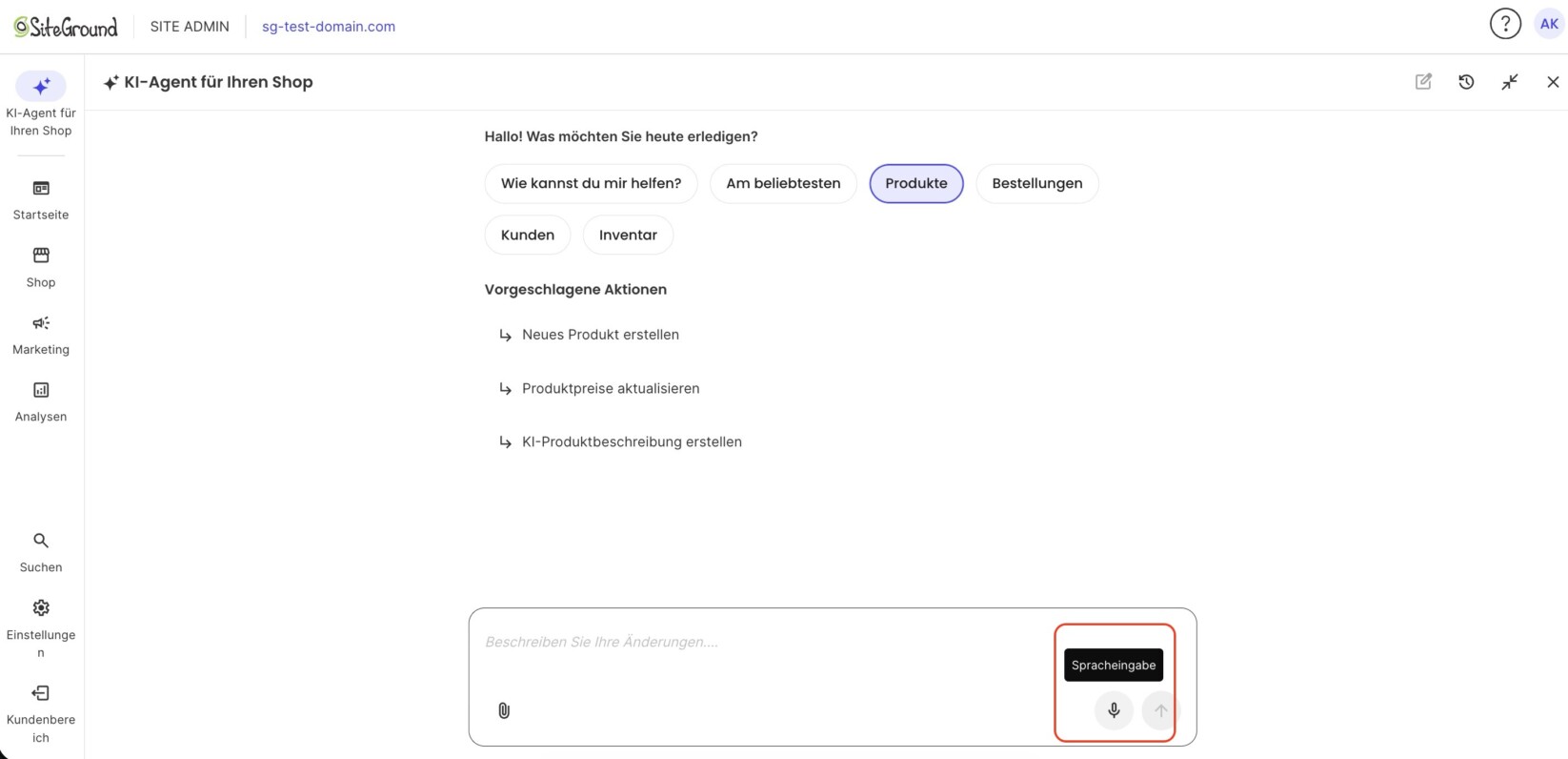 KI-Agent für Ihren Shop von SiteGround in der Vollbildansicht mit ausgewähltem Thema „Produkte" und den Vorgeschlagenen Aktionen; die Schaltfläche „Spracheingabe" (Mikrofon) im Nachrichtenfeld ist hervorgehoben.