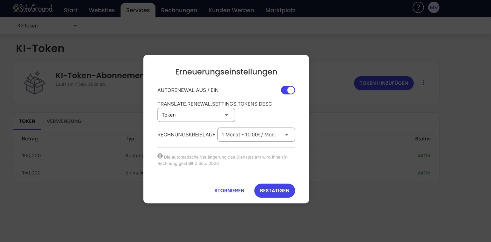 Im Pop-up-Fenster für die Verlängerung können Sie das monatliche KI-Token-Limit und den Abrechnungszeitraum für Ihre Laufzeit ändern oder die automatische Verlängerung ein- bzw. ausschalten