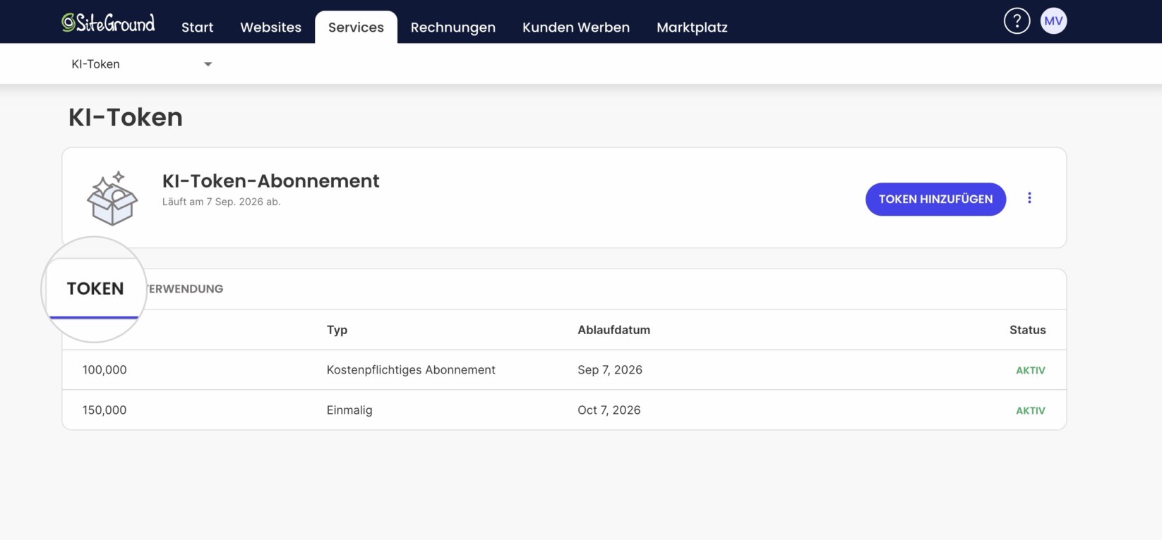 Im Tab „Token“ sehen Sie Ihren KI-Token-Plan sowie alle derzeit aktiven zusätzlichen einmaligen Token einschließlich ihrer Ablaufdaten