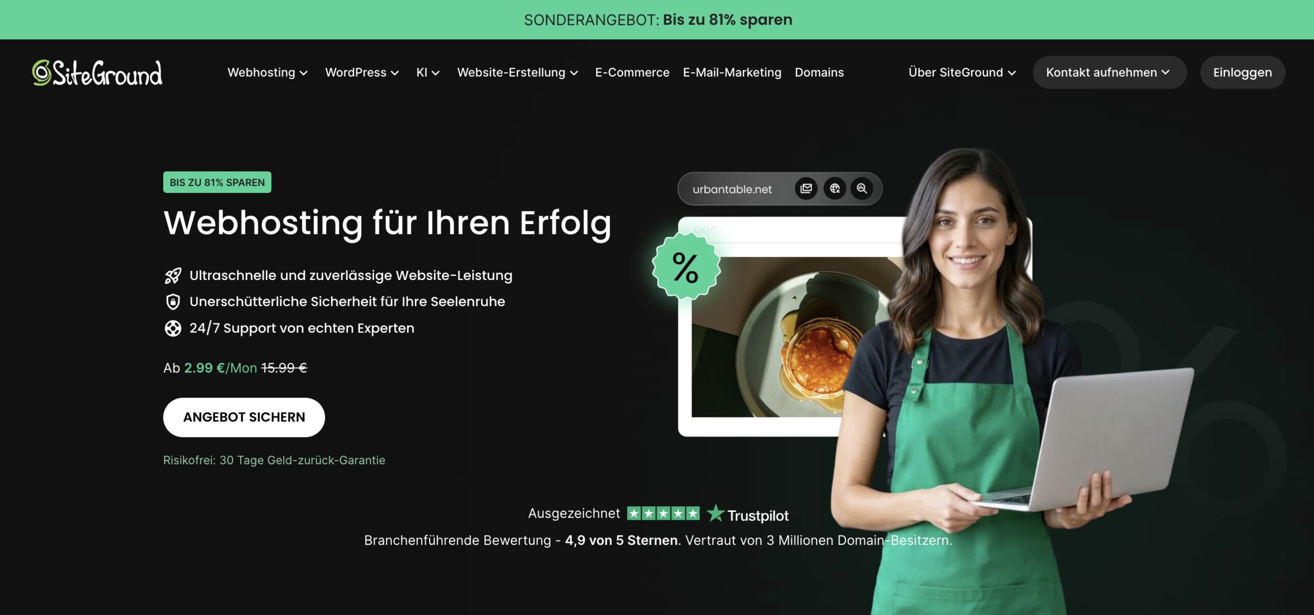SiteGround-Startseite mit der Leiste „SONDERANGEBOT: Bis zu 81% sparen" und dem Titel „Webhosting für Ihren Erfolg", mit Vorteilen (ultraschnelle Leistung, unerschütterliche Sicherheit, 24/7 Support von echten Experten), Preis Ab 2.99 €/Mon. (statt 15.99 €), einer Schaltfläche ANGEBOT SICHERN und einer Trustpilot-Bewertung von 4,9 von 5 Sternen.