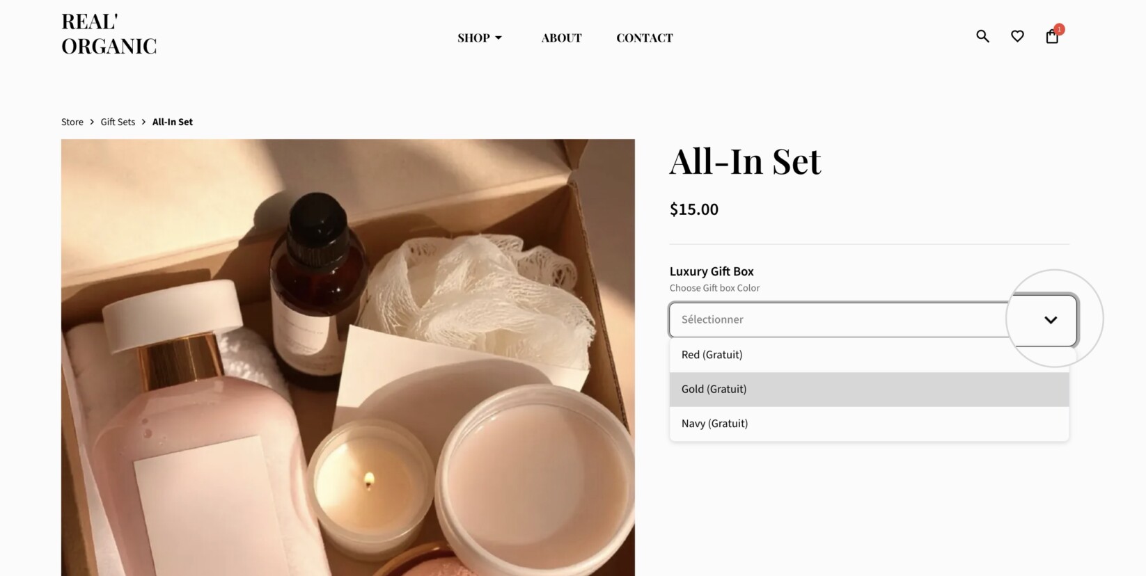 Hier sehen Sie eine Vorschau des Produkt-Add-Ons „Luxus-Geschenkbox“ und wie es Ihren Kunden in Ihrem Online-Shop angezeigt wird