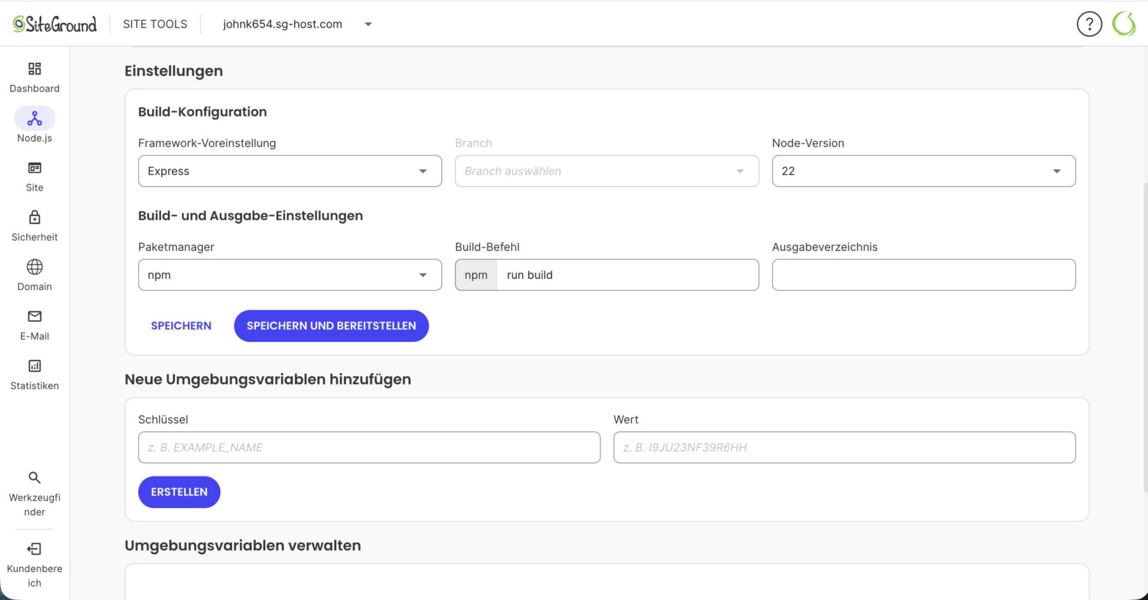 Abschnitt „Einstellungen“ auf der Seite „Bereitstellungsoptionen“ in den Node.js-Site Tools