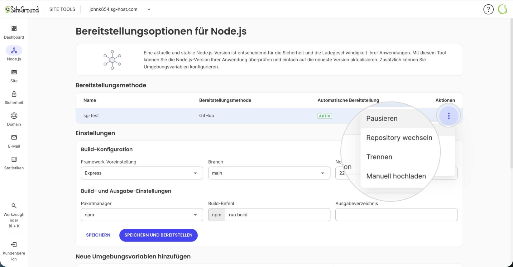 Bereitstellungsoptionen in den Node.js-Site Tools, die die Optionen der Bereitstellungsmethode für eine aus einem GitHub-Repository importierte Anwendung anzeigen