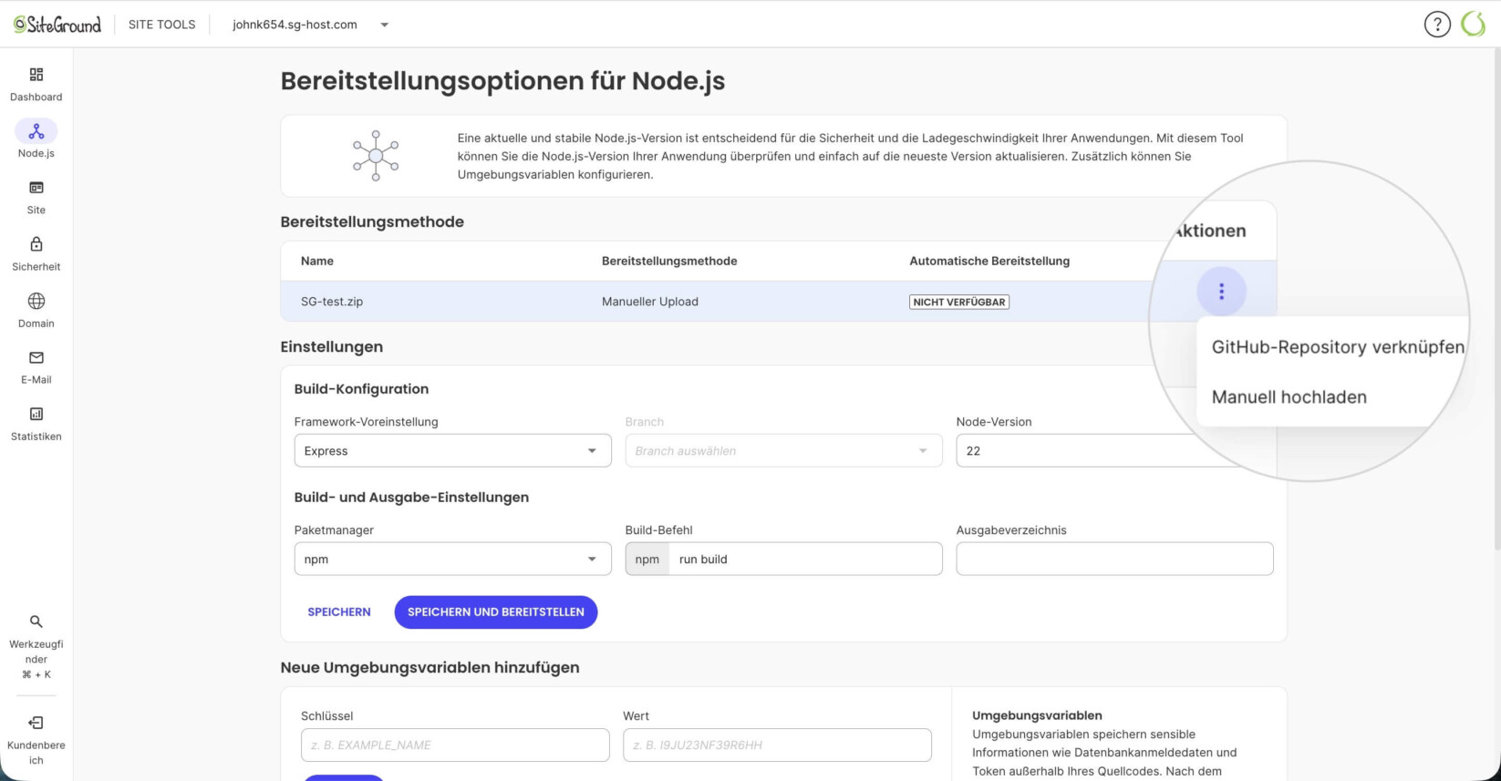 Bereitstellungsoptionen in den Node.js-Site Tools, die die Optionen der Bereitstellungsmethode für eine manuell hochgeladene Anwendung anzeigen