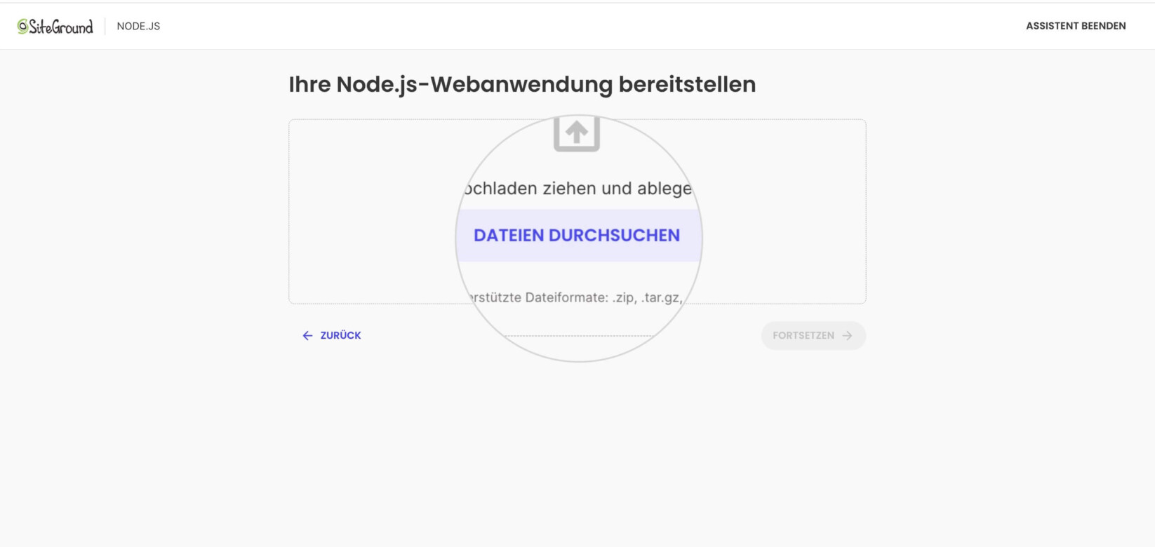 Button 'Dateien durchsuchen', der erscheint, nachdem 'Deine Dateien hochladen' für ein neues Node.js-Projekt ausgewählt wurde