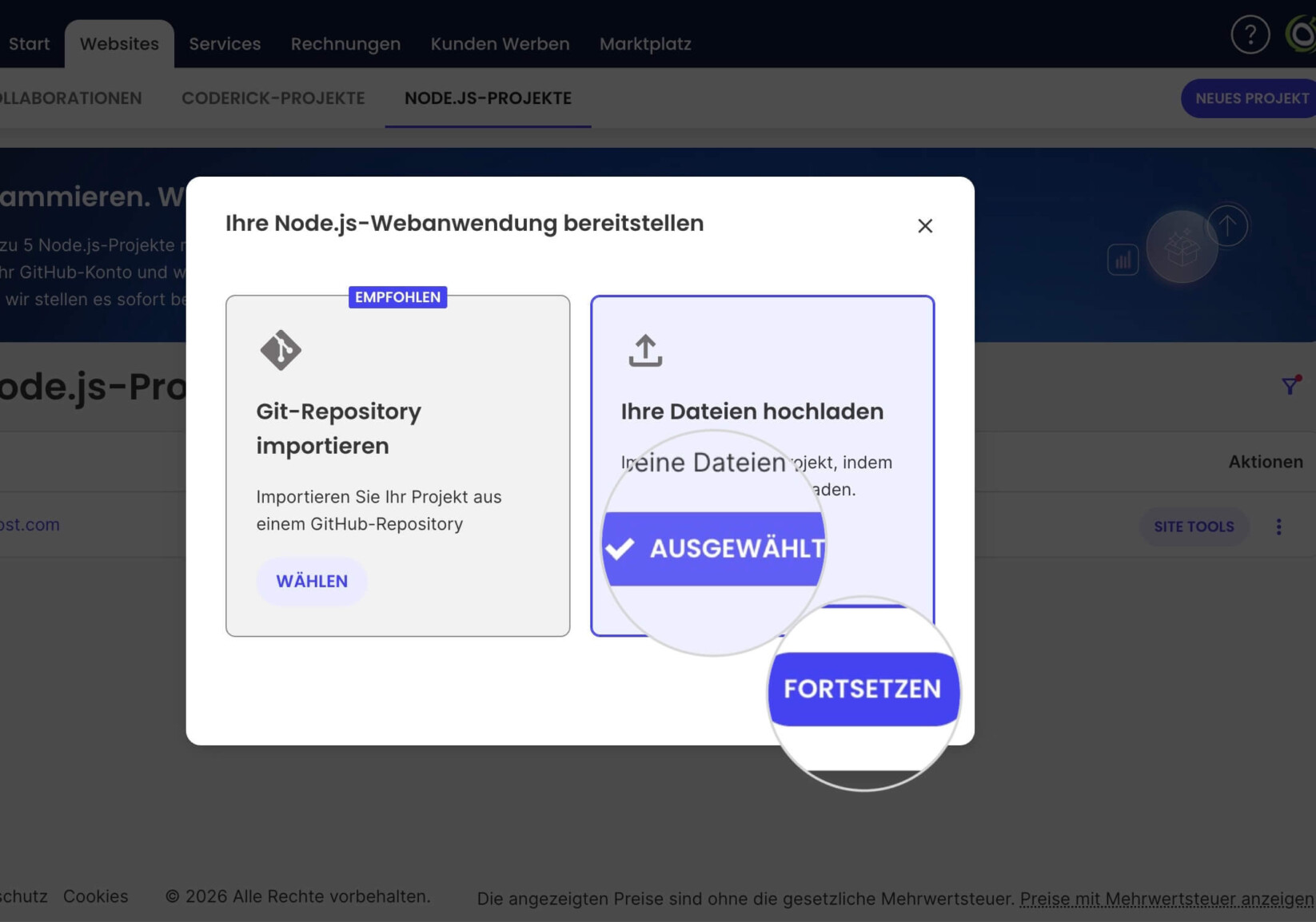 Erste Seite des Einrichtungsassistenten für ein neues Node.js-Projekt mit den beiden Optionen: GitHub-Repository importieren und Deine Dateien hochladen