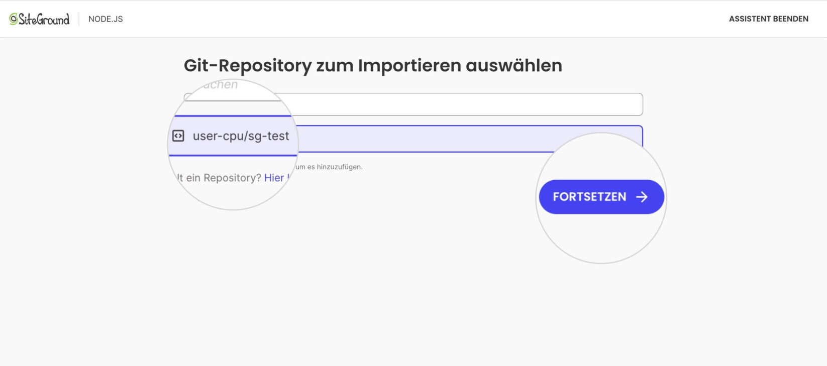 Eine Seite des Einrichtungsassistenten für ein neues Node.js-Projekt, die die erkannten Repositorys in einem GitHub-Konto anzeigt