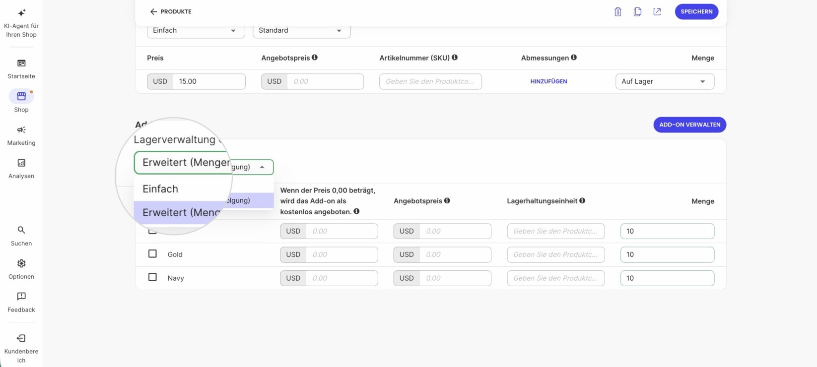 Anschließend können Sie für jeden Artikel zusätzliche Add-On-Einstellungen für die Bestandsverwaltung anwenden