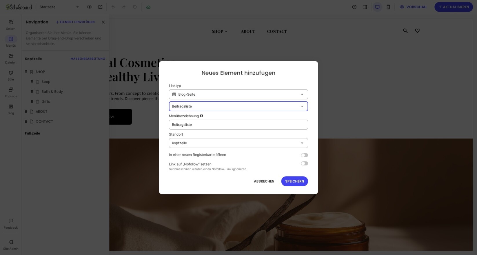 Popup „Linktyp“