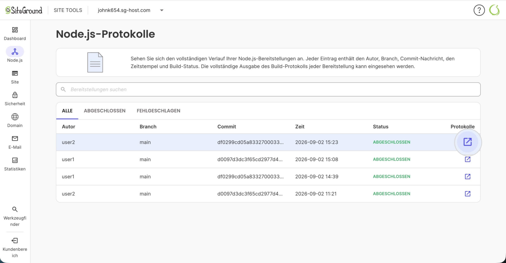 Protokollseite des Node.js-Abschnitts in den Node.js-Site Tools mit einem hervorgehobenen Protokollsymbol, das detaillierte Protokolle öffnet