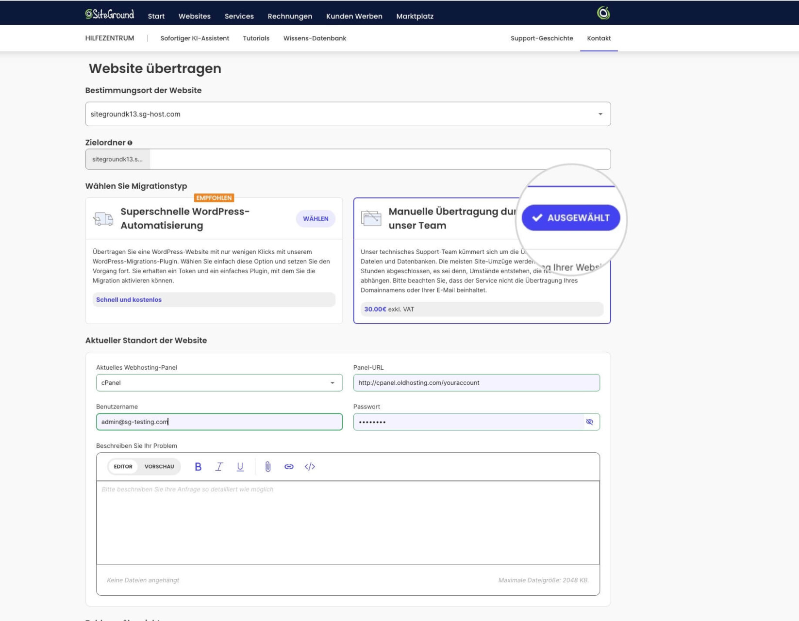 Der SiteGround-Kundenbereich mit einem Formular für die Website-Übertragung, in das Sie die Logins und Details der Website eingeben können, die Sie zu SiteGround übertragen möchten