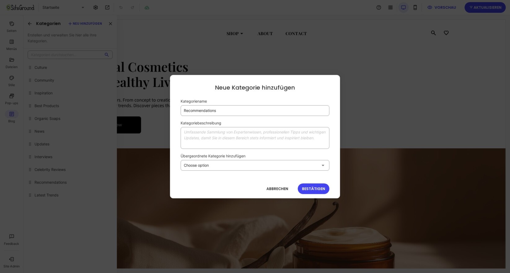 Ein Pop-up-Fenster erscheint, in dem Sie den Namen und die Beschreibung der Kategorie eingeben können.