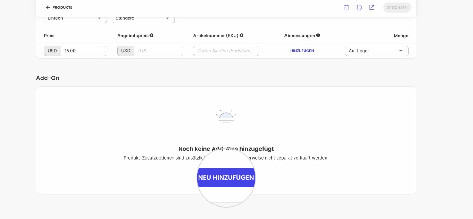 Scrollen Sie nach unten zum Bereich „Add-Ons“ und klicken Sie auf „NEU HINZUFÜGEN“