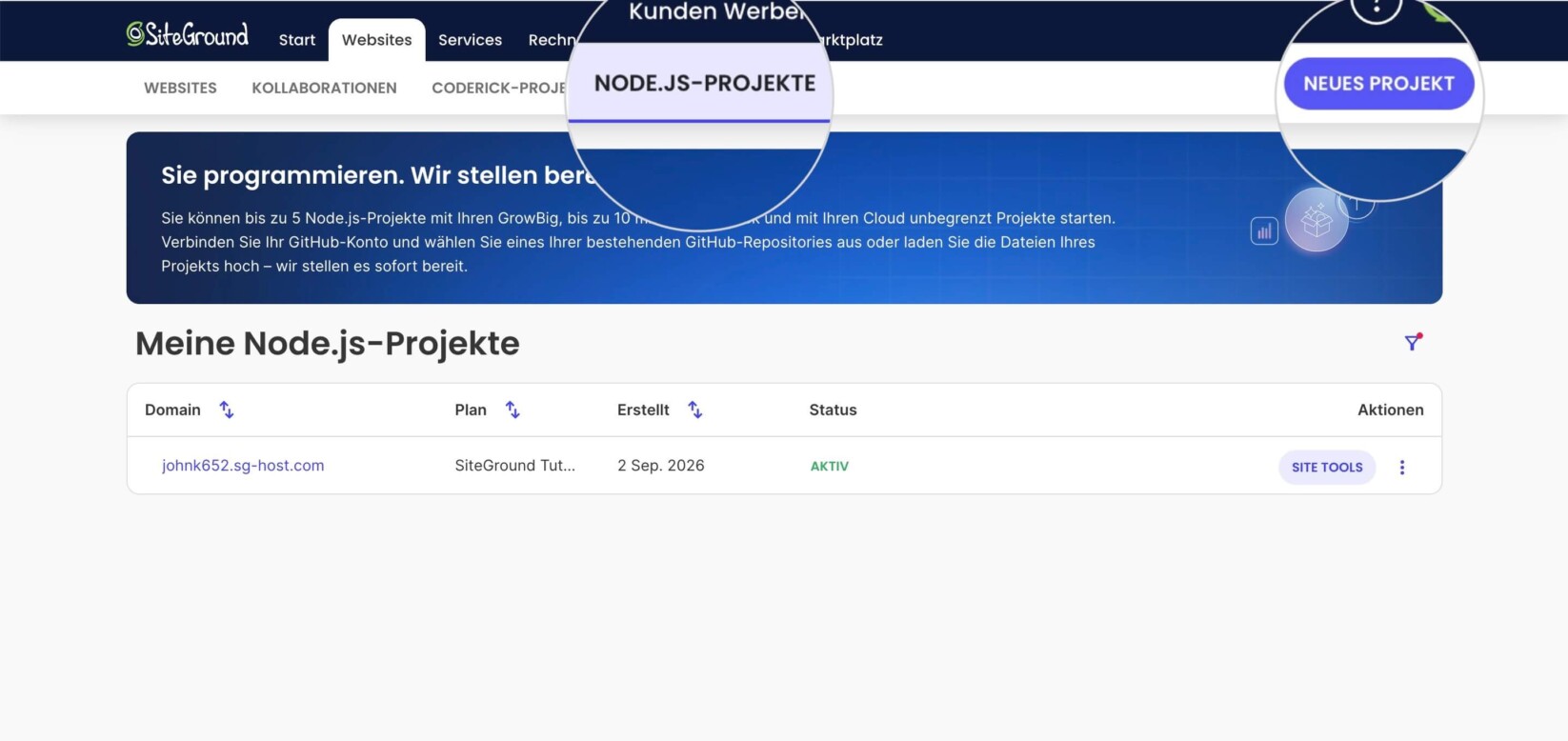 Node.js-Projektseite im SiteGround-Kundenbereich mit hervorgehobenem Button 'Neues Projekt'