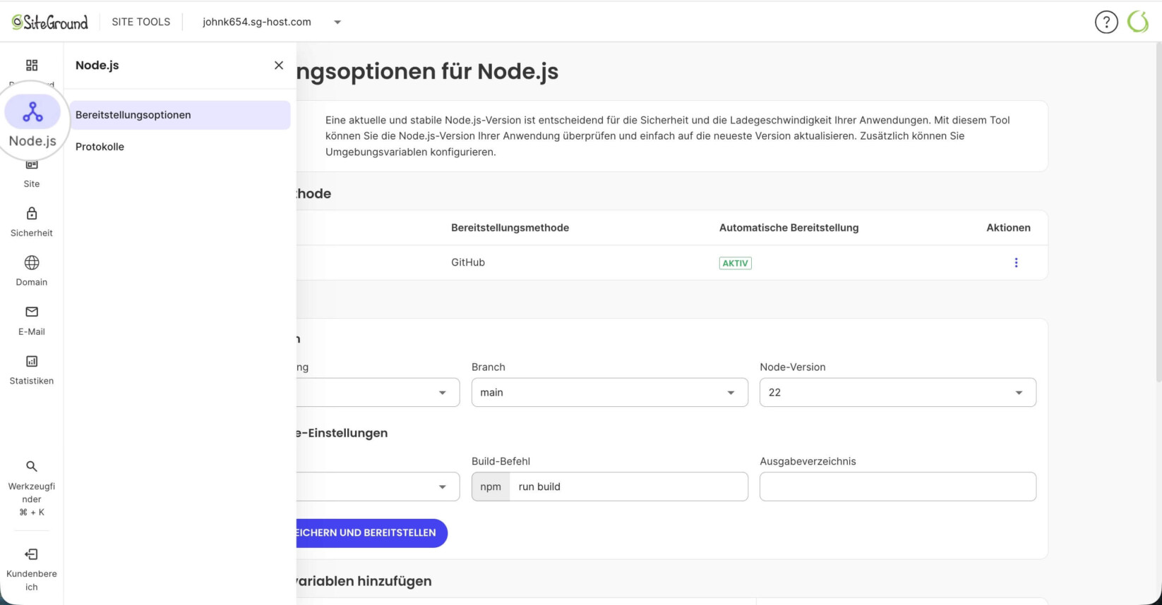 Node.js-Abschnitt in den Site Tools eines Node.js-Projekts