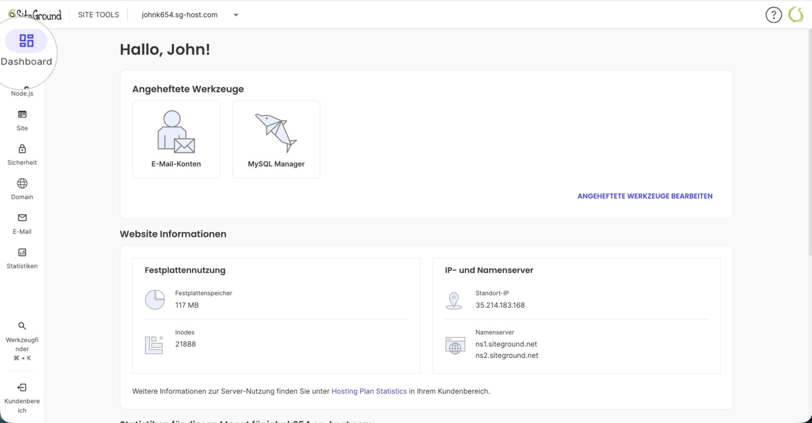 Dashboard-Seite der Site Tools eines Node.js-Projekts