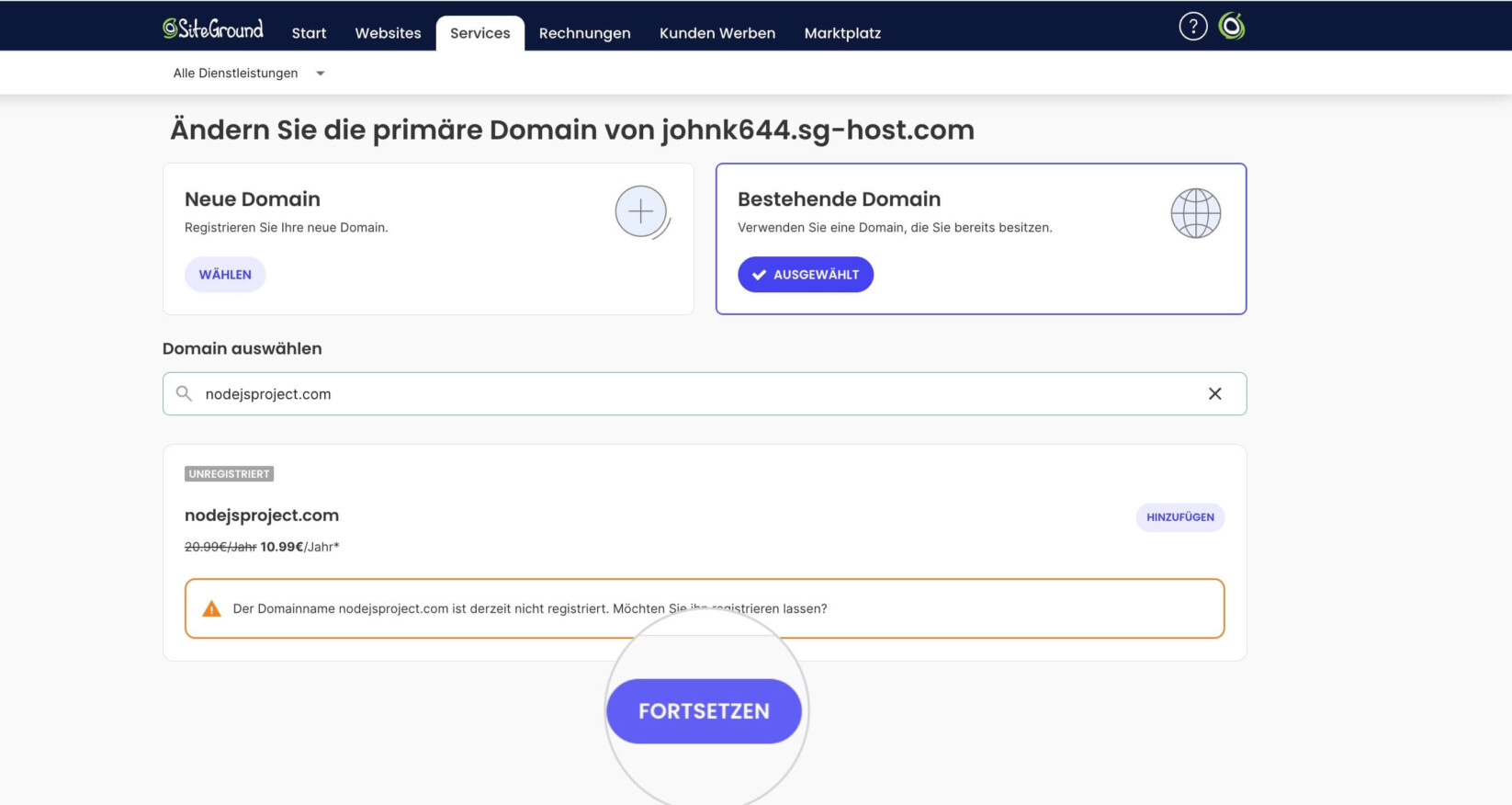 Zusammenfassungsseite des Einrichtungsassistenten zum Ändern der Node.js-Projekt-Domain mit dem hervorgehobenen Button Weiter zum Starten des Prozesses