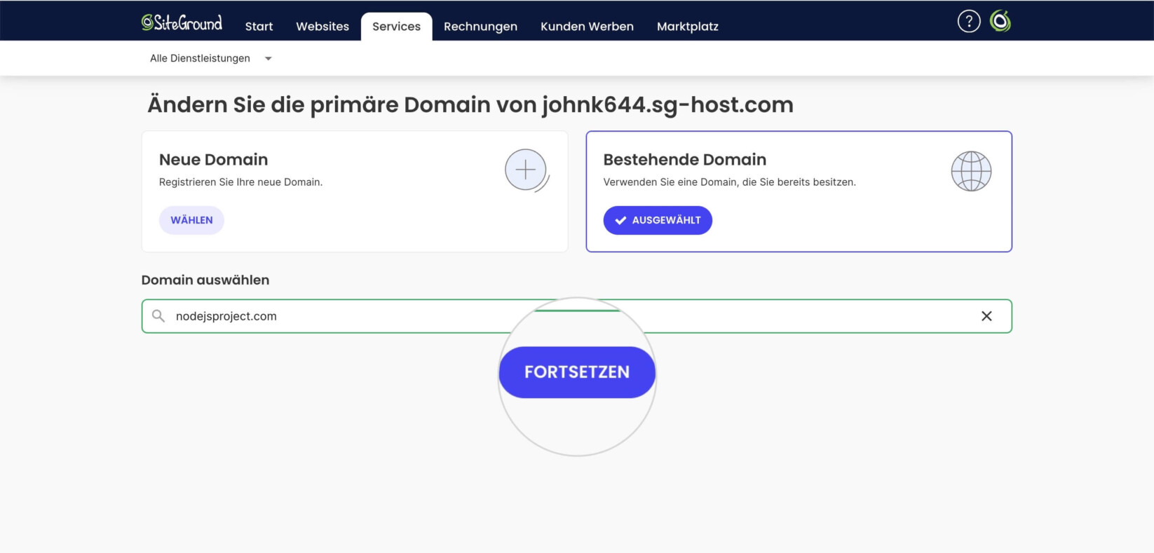 Einrichtungsassistent zum Ändern der Domain eines Node.js-Projekts. Die angezeigten Optionen sind für die Auswahl einer neuen oder bestehenden Domain und ein Textfeld zum Eingeben des Domainnamens