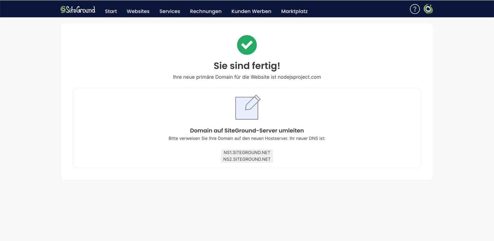 Erfolgsmeldungsbildschirm für das Ändern einer Node.js-Projekt-Domain, der die Nameserver der Website anzeigt