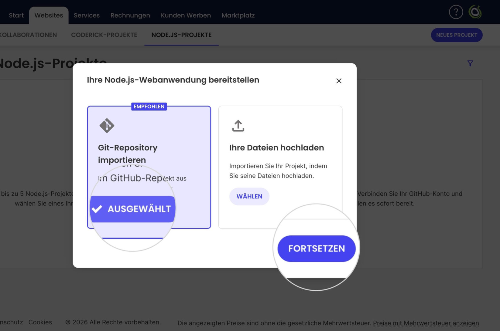 Erste Seite des Einrichtungsassistenten für ein neues Node.js-Projekt mit den beiden Optionen: GitHub-Repository importieren und Deine Dateien hochladen